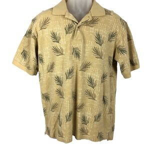 IZOD Polo Shirt Mens M Gold Palm Leaf‎ 100% Cotton Side Slits Vacation dadcore